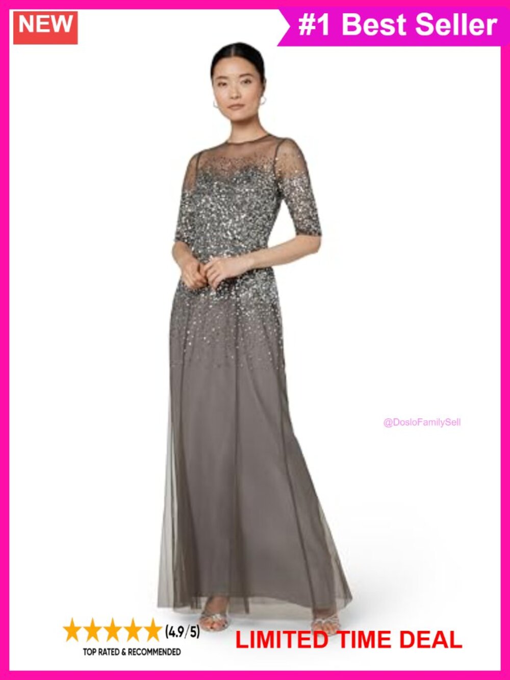 Beaded Illusion Sequin Gown 3/4 Sleeve Tulle Formal Evening Dress